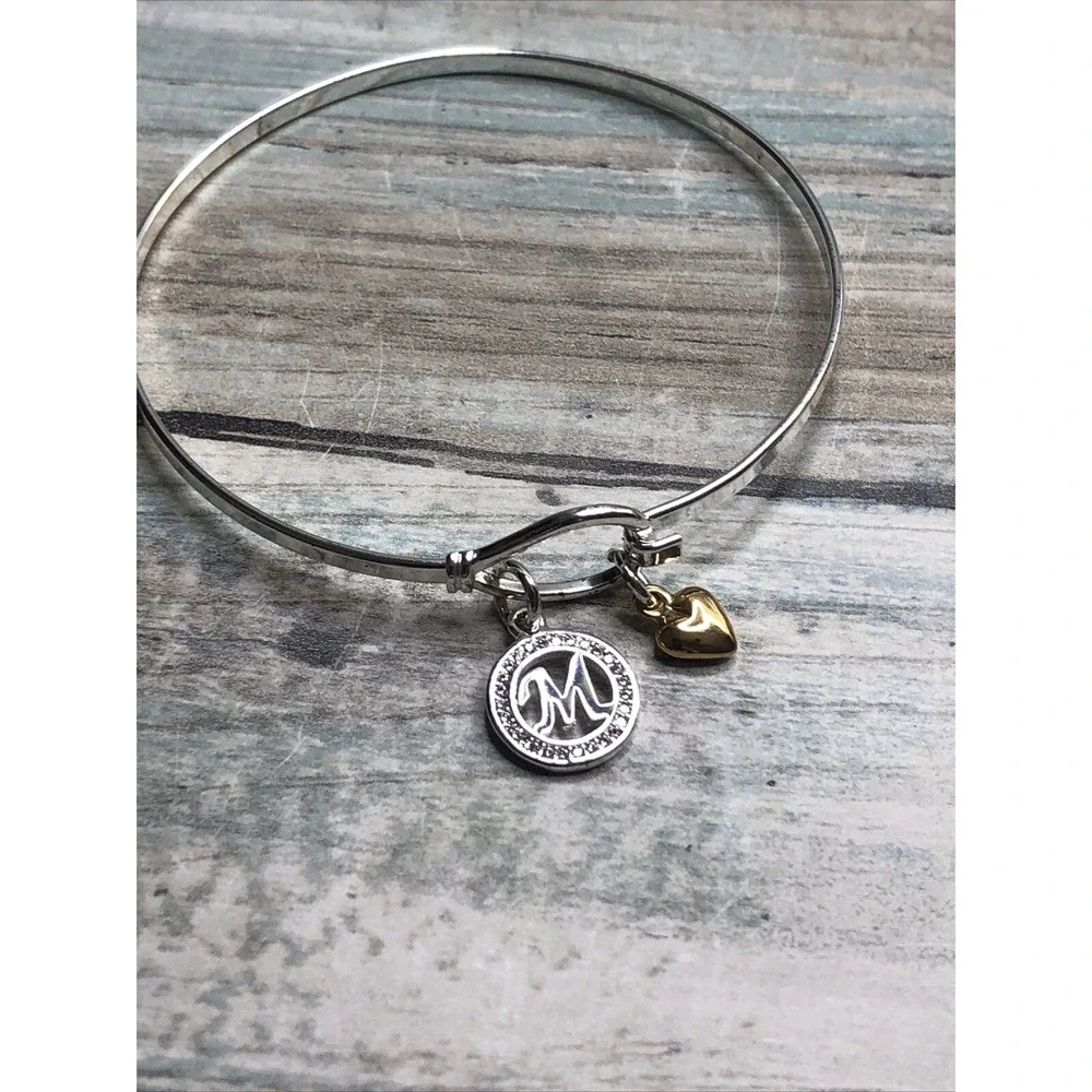 Letter M‎ initial Bangle Bracelet Silver Tone NWOT Hook Closure